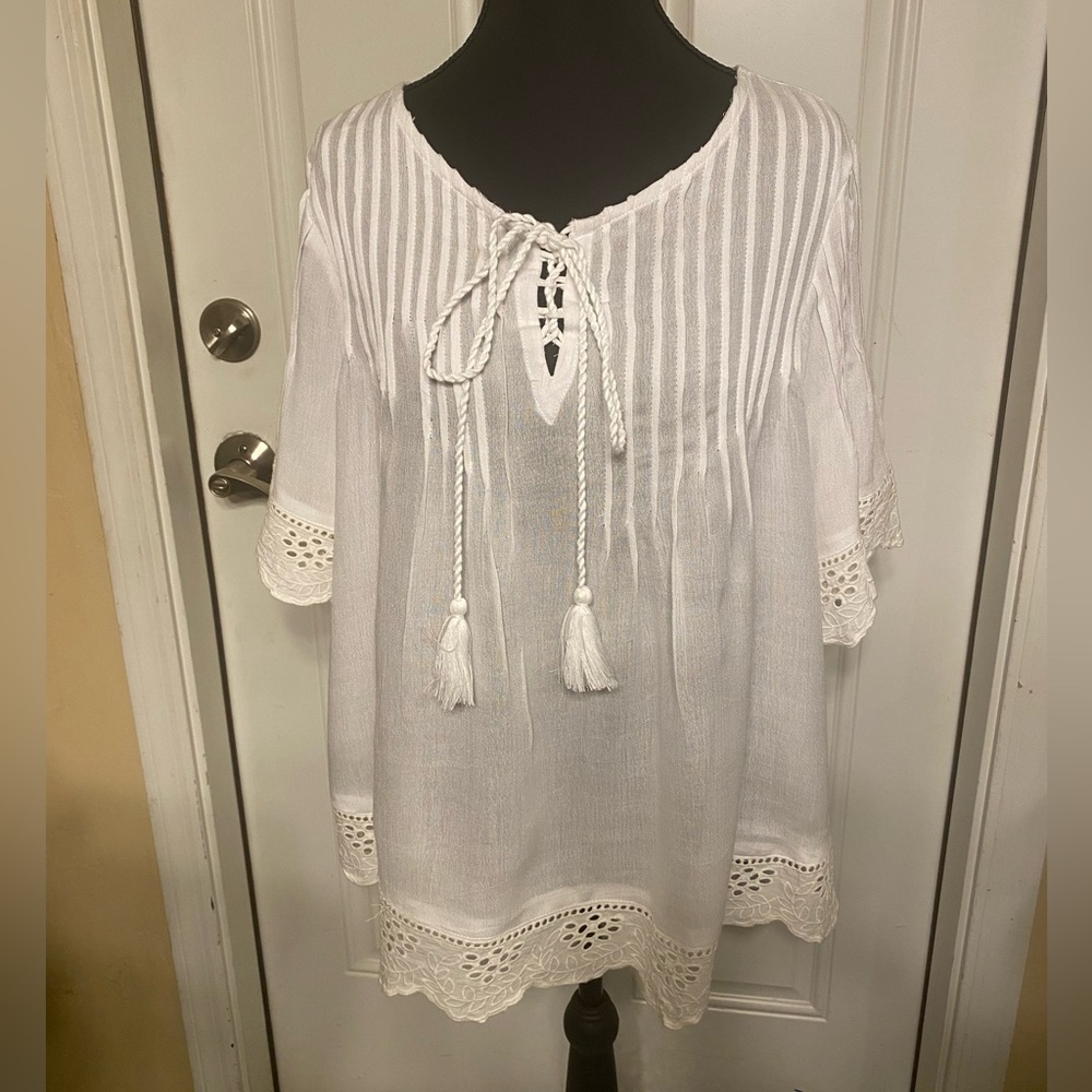 White Relaxed Tunic with Tie Front and Bib Collar